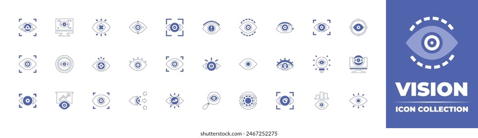 Colección de iconos de visión. Trazo de línea de estilo duotono y negrita. Ilustración vectorial. Contiene visión, visión estratégica, problema de visión, escaneo ocular, enfoque, ojo, transparencia, vista, computadora, modelado de datos.