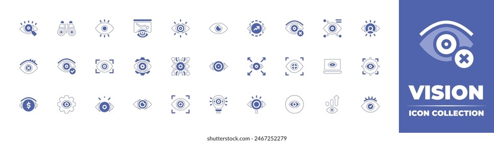 Colección de iconos de visión. Trazo de línea de estilo duotono y negrita. Ilustración vectorial. Conteniendo visión, ojo, visualize, eyescan, disminución, vista, eyescanner, visual, ojos rojos, objetivo.