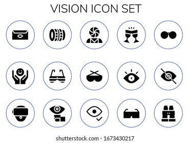 vision icon set. 15 filled vision icons. Included Letter, Psychology, Lens, Sunglasses, Glasses, Eye, Blind, Vr glasses, 3d glasses, Binoculars icons