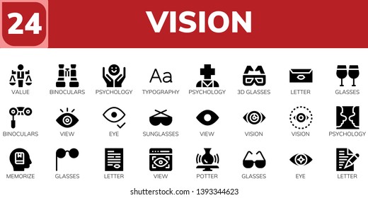 vision icon set. 24 filled vision icons.  Collection Of - Value, Binoculars, Psychology, Typography, 3d glasses, Letter, Glasses, View, Eye, Sunglasses, Vision, Memorize, Potter