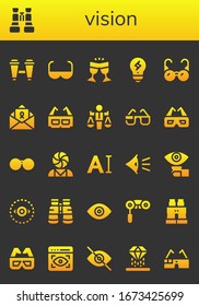 vision icon set. 26 filled vision icons.  Simple modern icons such as: Binoculars, Sun glasses, Glasses, Creativity, Letter, 3d glasses, Value, Sunglasses, Psychology, Typography