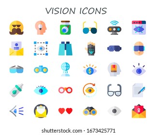 vision icon set. 30 flat vision icons. Included moustache, creativity, eyes, sunglasses, motion sensor, letter, visual, binoculars, exoskeleton, ar glasses, vr glasses, hologram icons