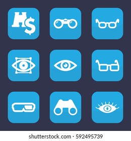 vision icon. Set of 9 filled vision icons such as eye, binoculars, glasses, eye scan, binoculars with dollar sign