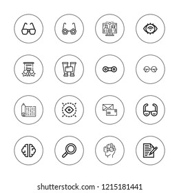 Vision icon set. collection of 16 outline vision icons with binoculars, contact lens, creativity, eye, glasses, letter, telepresence, statement, vr, transparency icons.