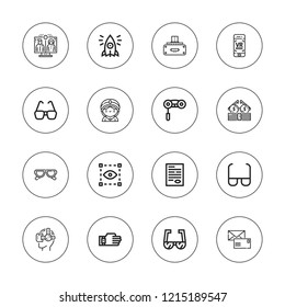 Vision icon set. collection of 16 outline vision icons with binoculars, initiative, glasses, letter, seer, sensor, sunglasses, telepresence, vr glasses, vr icons.