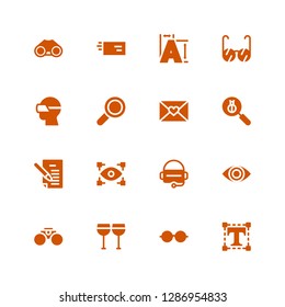 vision icon set. Collection of 16 filled vision icons included Typography, Eyeglasses, Glasses, Binoculars, Eye, Virtual reality, View, Letter, Len, Find, Vr glasses
