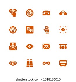 vision icon set. Collection of 16 filled vision icons included Virtual reality, Contact lens, Binoculars, Vision, Glasses, Letter, Eye, Exoskeleton, Preview, Visibility, Lens