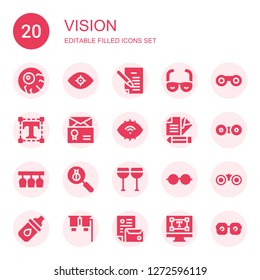 vision icon set. Collection of 20 filled vision icons included Eyeball, Vision, Letter, Binoculars, Typography, Eye, Contact lens, Glasses, Len, Eyeglasses, Eye drops, Branding