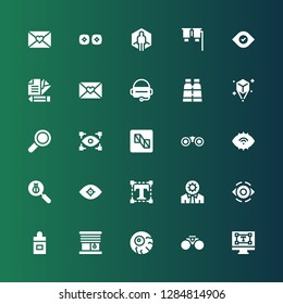 vision icon set. Collection of 25 filled vision icons included Typography, Binoculars, Eyeball, Blinds, Ear dropper, Eye, Cognitive, Vision, Len, Preview, View, Find, Hologram