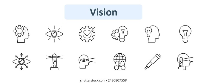 Vision-Icon-Set. Zahnrad und Kopf, Auge, Prüfzeichen, Glühbirne, Leuchtturm, Fernglas, Teleskop, Einblick. Strategie, Innovation, Zukunftskonzept.