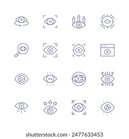 Conjunto de iconos de visión. Icono de línea fina. Trazo editable. Conteniendo vista, ojo, eyescan, eyetest, enfoque, lupa, objetivo, visión, visualización, Web.