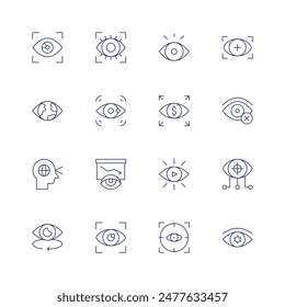 Vision icon set. Thin line icon. Editable stroke. Containing view, decrease, eye, eyescanner, focus, longterm, scan, target, virtual, vision.