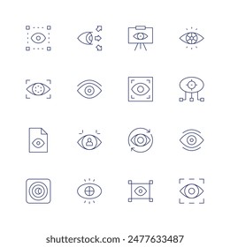 Vision icon set. Thin line icon. Editable stroke. Containing biometricidentification, eye, file, nightvision, sight, view, visibility, vision, visual.