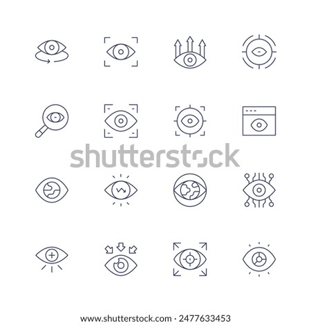 Vision icon set. Thin line icon. Editable stroke. Containing view, eye, eyescan, eyetest, focus, loupe, target, vision, visualization, web.