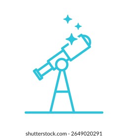 Ícone da visão, telescópio voltado para estrelas com faísca, isolado no fundo branco. Do conjunto de ícones azuis