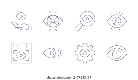 Vision icons. Editable stroke. Containing attractive, eye, iridology, sight, transparency, vision, visionproblem, visualize.