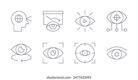 Vision icons. Editable stroke. Containing view, decrease, longterm, scan, target, virtual, vision.