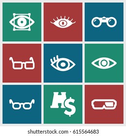 Vision icons set. set of 9 vision filled icons such as eye, glasses, eye scan, binoculars, binoculars with dollar sign