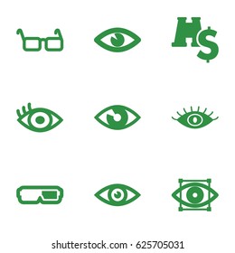 Vision icons set. set of 9 vision filled icons such as eye, glasses, eye scan, binoculars with dollar sign