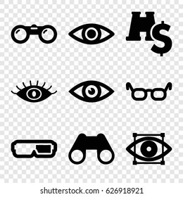 Vision icons set. set of 9 vision filled icons such as eye, binoculars, eye scan, binoculars with dollar sign, 3d glasses