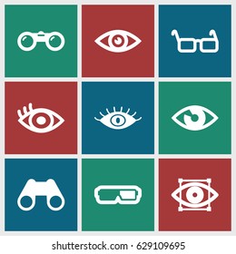 Vision icons set. set of 9 vision filled icons such as eye, binoculars, glasses, eye scan