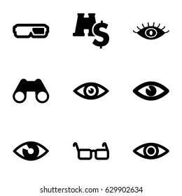 Vision icons set. set of 9 vision filled icons such as eye, binoculars, glasses, binoculars with dollar sign