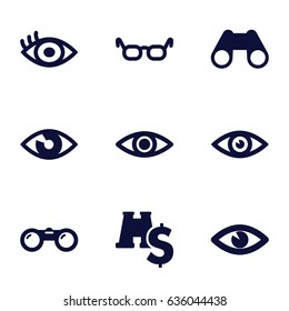 Vision icons set. set of 9 vision filled icons such as eye, binoculars, binoculars with dollar sign