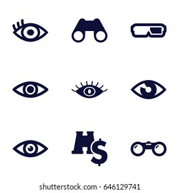 Vision icons set. set of 9 vision filled icons such as eye, binoculars, binoculars with dollar sign
