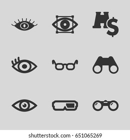 Vision icons set. set of 9 vision filled icons such as eye, binoculars, eye scan, binoculars with dollar sign, 3d glasses