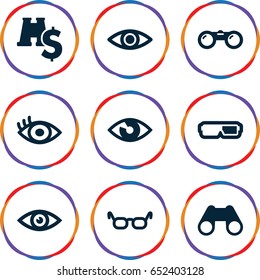 Vision icons set. set of 9 vision filled icons such as binoculars, eye, binoculars with dollar sign, 3d glasses