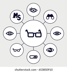 Vision icons set. set of 9 vision filled icons such as binoculars, eye, glasses, binoculars with dollar sign