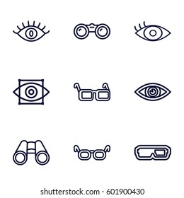 vision icons set. Set of 9 vision outline icons such as eye, binoculars, glasses, eye scan