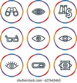 Vision icons set. set of 9 vision outline icons such as eye, binoculars, glasses, eye scan, 3d glasses