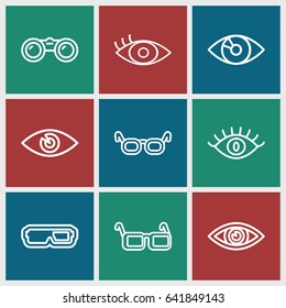 Vision icons set. set of 9 vision outline icons such as eye, glasses, binoculars