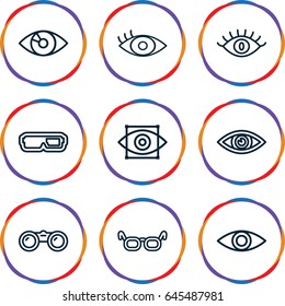 Vision icons set. set of 9 vision outline icons such as eye, eye scan, binoculars, glasses