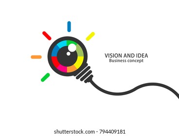 Vision and idea. Colorful eye bulb sign business concept. Flat vector.