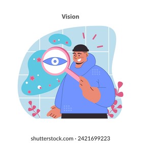 Vision illustration. A man investigates the intricacies of sight with a magnifying glass. The science of optics in focus. Flat vector illustration.