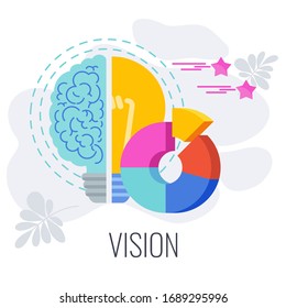 Vision infographics pictogram. Half brain, half lamp. Development directions of company in market. Word vision typographic concept. Flat vector illustration on white background.