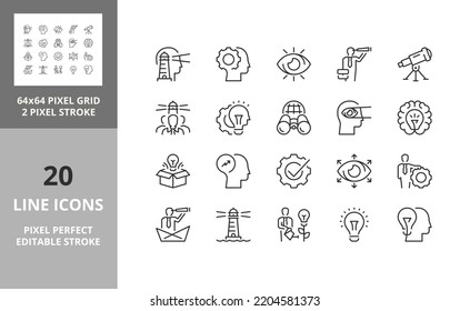 Vision and innovation, business concepts Thin line icon set. Outline symbol collection. Editable vector stroke. 64 and 256 Pixel Perfect scalable to 128px