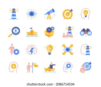 Vision and innovation business icon set. Colorful stickers with eyes, lighthouse, entrepreneur, binoculars and goal. Design element for app. Cartoon flat vector collection isolated on white background