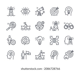 Vision and innovation business icon set. Stickers with magnifying glass, light bulb, achievement and success. Design element for websites. Cartoon flat vector collection isolated on white background