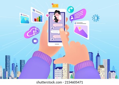 Vision der Integration von Kommunikations- und Informationstechnologie. Intelligente Stadt. Modernes städtisches Informations- und Datensystem. Hände, die Telefon halten. Vektorgrafik der autonomen drahtlosen.