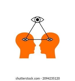 Vision, interaction icon. Networking, empathy logo. Profiles of two people and arrow up. Teamwork sign. Business pictogram. Group work logo