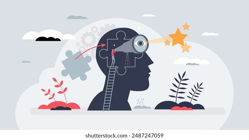 Vision and intuition for future strategy planning tiny person concept. Ability to predict future and make smart choices with visionary skills vector illustration. Looking for success and achievement.