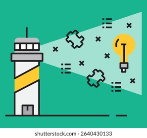 Vision involves finding business success and seeking a career path or strategy, the concept of the Entrepreneur looking through a telescope with a lighthouse guiding the light