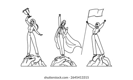 visão líder vetor mulher superior. força inovação, coragem mentor, pioneiro igualdade visão líder personagem mulher superior. pessoas linha preta lápis desenho ilustração
