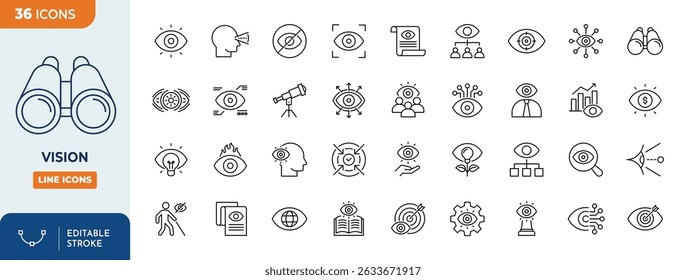 Vision line editable icon set. Contain icons related to Vision, Eye, look, perspective, binocular, and more. Editable stroke. Vector illustration
