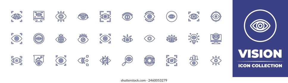 Vision line icon collection. Editable stroke. Vector illustration. Containing vision, strategicvision, visionproblem, eyescan, eye, focus, transparency, view, computer, sight.