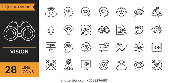 Conjunto de iconos de línea de visión. Contiene iconos relacionados con Ojo, mirada, binocular, etc. Trazo editable. Ilustración vectorial