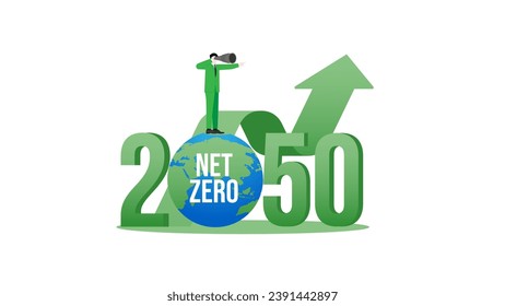 A vision man and graph up the world in the year 2050. A nationally determined contribution, Net Zero emissions, Global Goal, Carbon footprint, World environmental policy, green and climate transition.